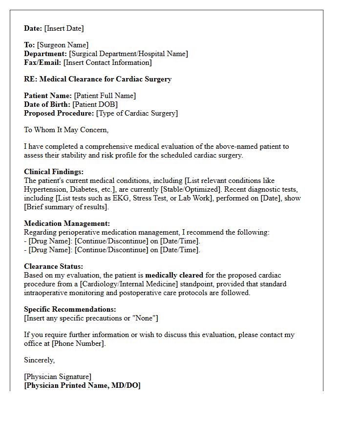 Post-Evaluation Cardiac Surgery Medical Clearance Letter