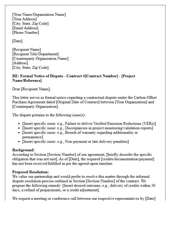 Carbon Offset Contractual Dispute Resolution Letter