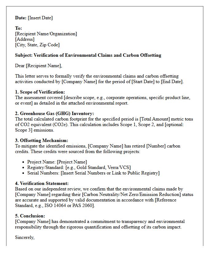 Environmental Claims and Offsetting Verification Letter