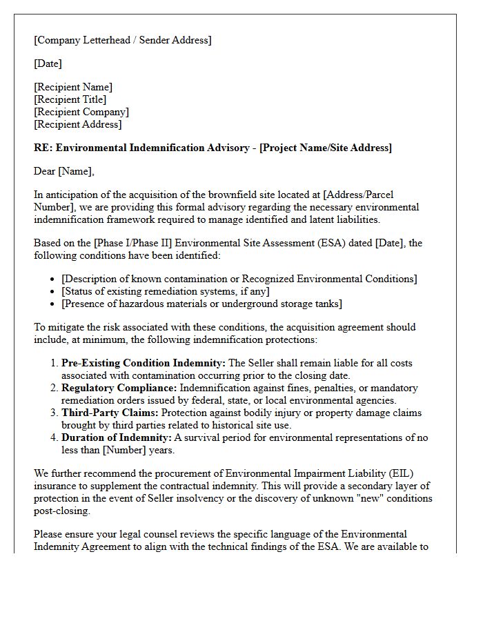 Pre-Acquisition Brownfield Site Environmental Indemnification Advisory Letter