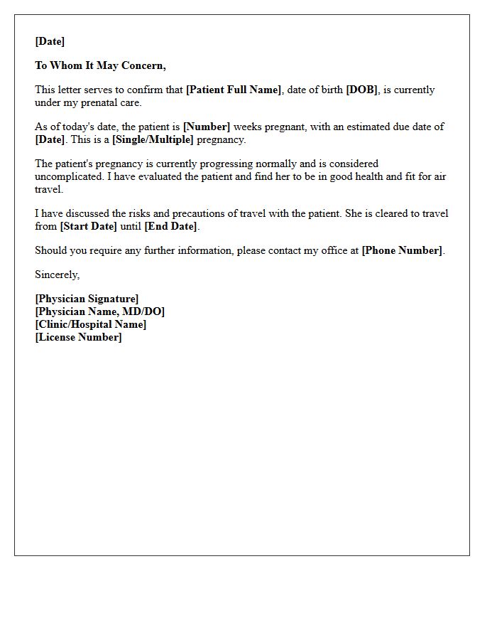 Standard Pregnancy Travel Medical Clearance Letter