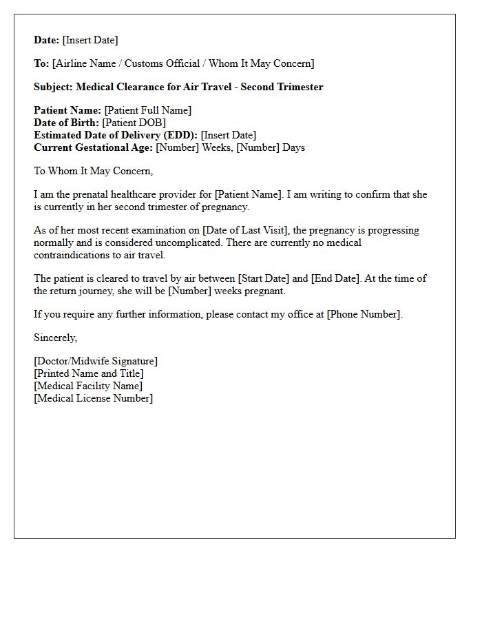 Second Trimester Pregnancy Travel Medical Clearance Letter