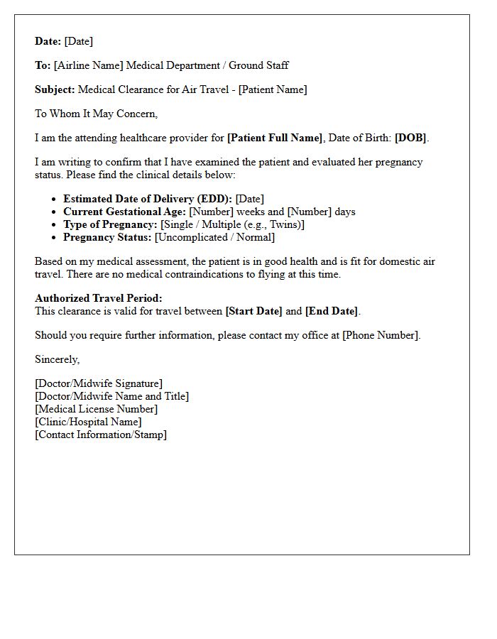 Domestic Flight Pregnancy Travel Medical Clearance Letter