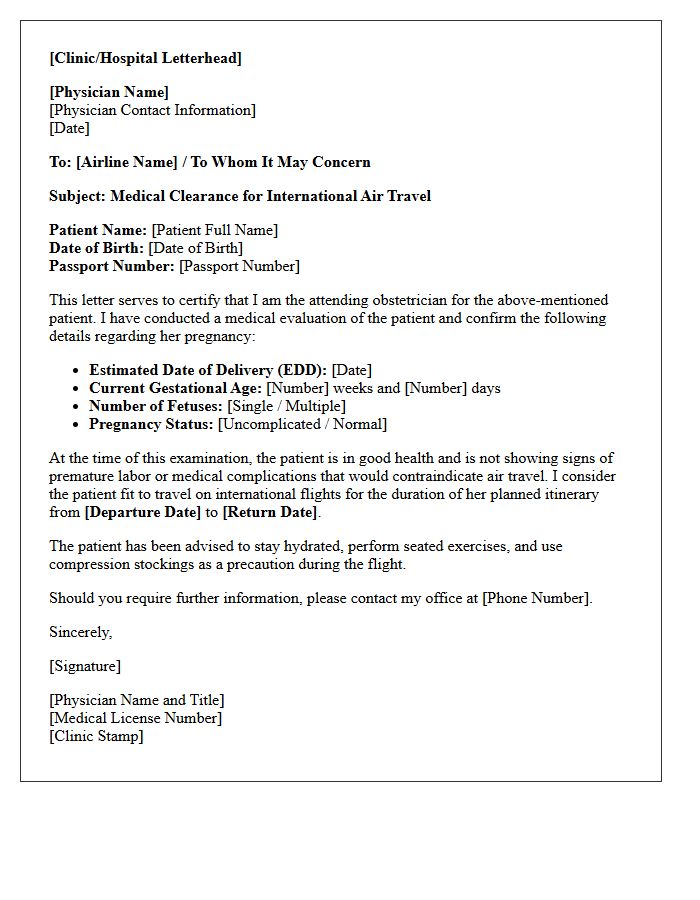 International Flight Pregnancy Travel Medical Clearance Letter