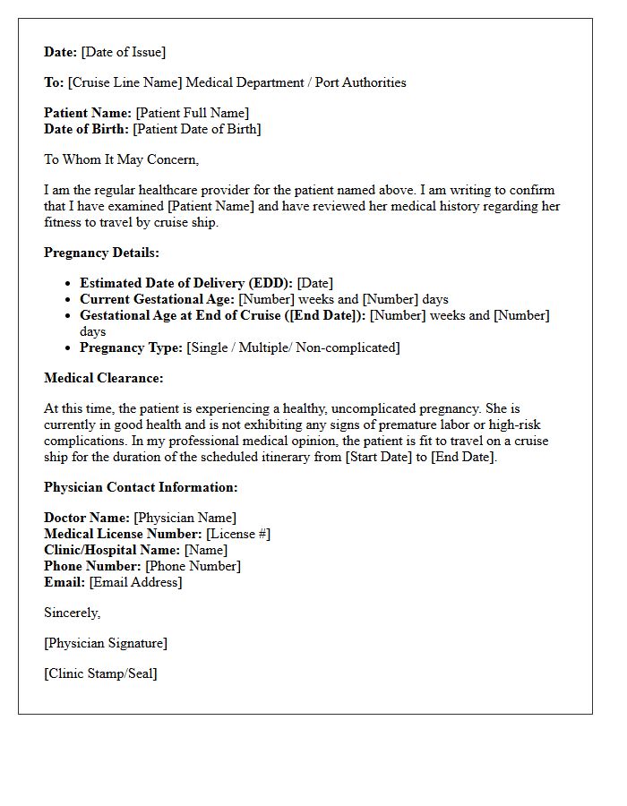 Cruise Ship Pregnancy Travel Medical Clearance Letter