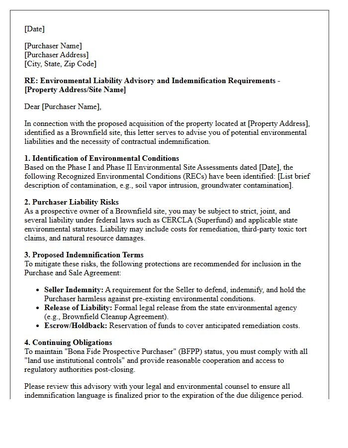 Purchaser Liability Brownfield Site Environmental Indemnification Advisory Letter