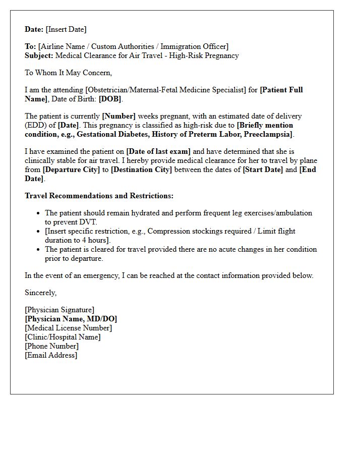 High-Risk Pregnancy Travel Medical Clearance Letter