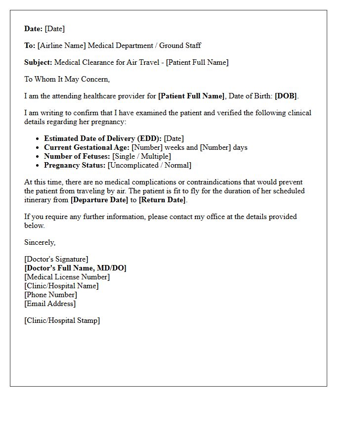 Airline Specific Pregnancy Travel Medical Clearance Letter