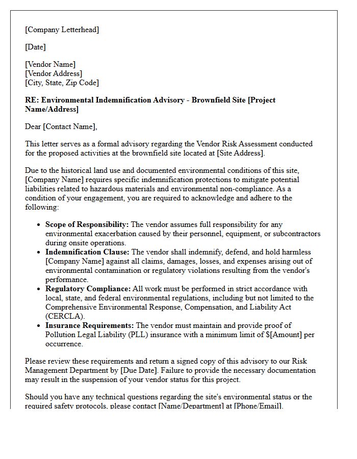 Vendor Risk Assessment Brownfield Site Environmental Indemnification Advisory Letter