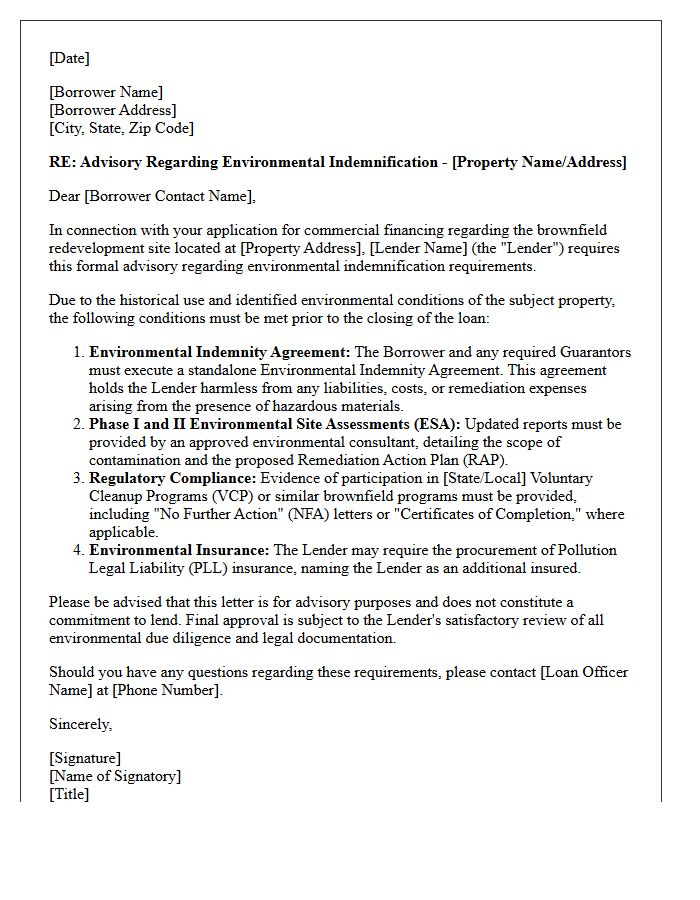 Commercial Lender Brownfield Site Environmental Indemnification Advisory Letter