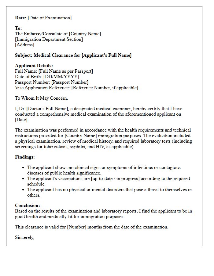 Standard Immigration Visa Medical Clearance Letter