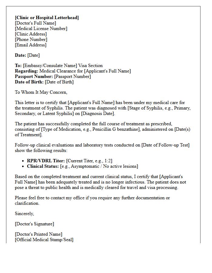 Syphilis Treatment Visa Medical Clearance Letter