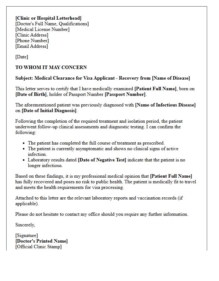 Infectious Disease Recovery Visa Medical Clearance Letter