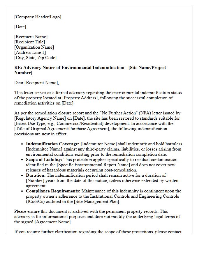 Post-Remediation Brownfield Site Environmental Indemnification Advisory Letter