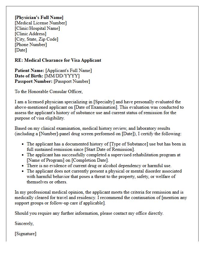 Substance Abuse Remission Visa Medical Clearance Letter