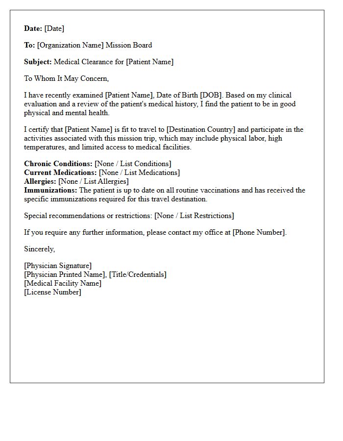 Standard Mission Trip Medical Clearance Letter
