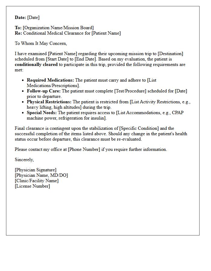 Conditional Mission Trip Medical Clearance Letter