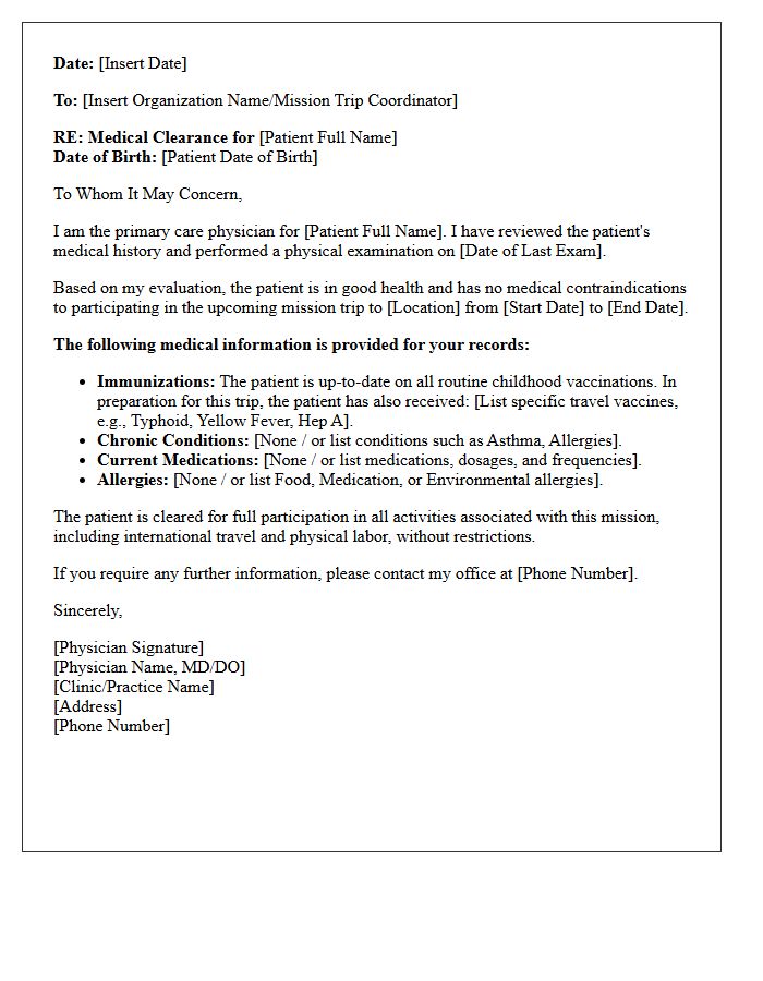 Pediatric Mission Trip Medical Clearance Letter