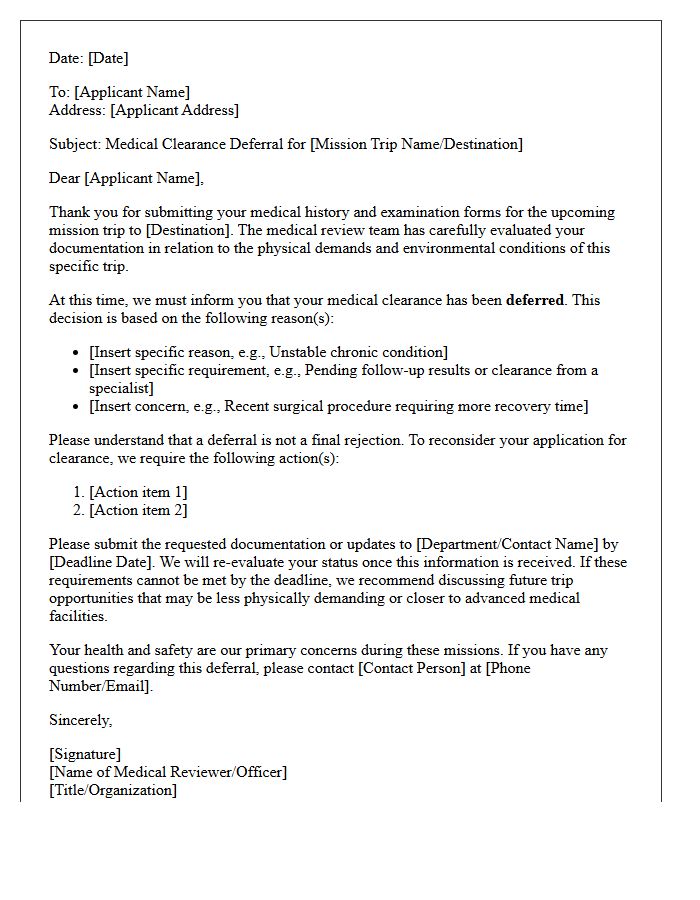Mission Trip Medical Clearance Deferral Letter