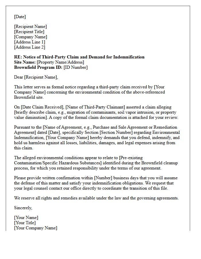 Third-Party Claim Brownfield Site Environmental Indemnification Advisory Letter