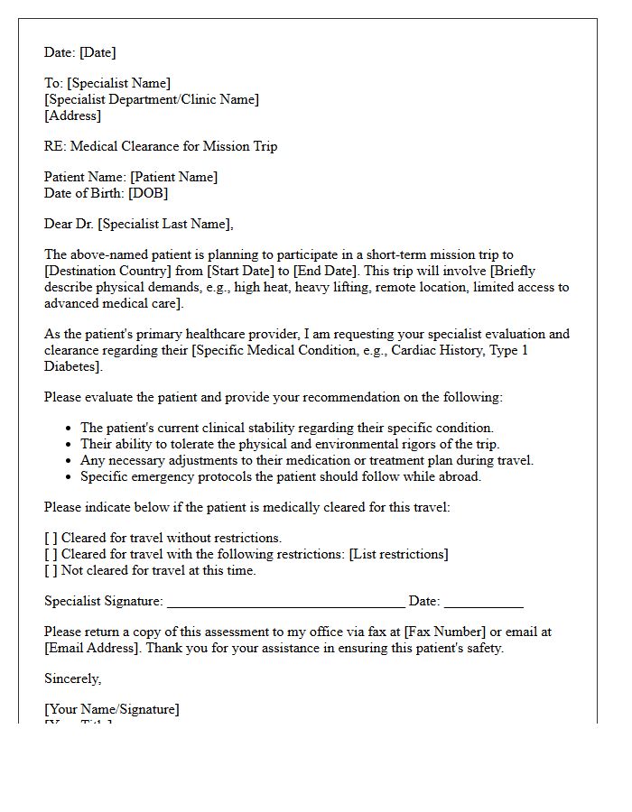 Mission Trip Medical Clearance Specialist Referral Letter