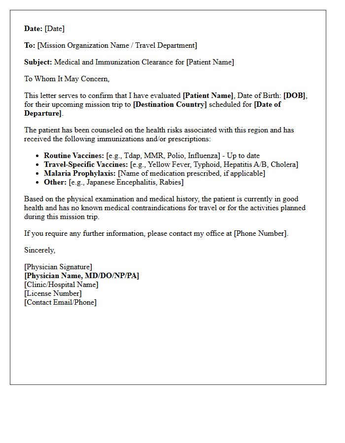Mission Trip Travel Immunization Clearance Letter
