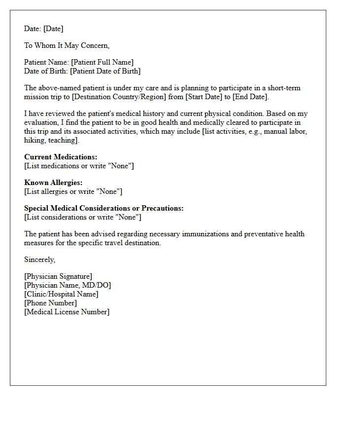 Short-Term Mission Trip Medical Clearance Letter