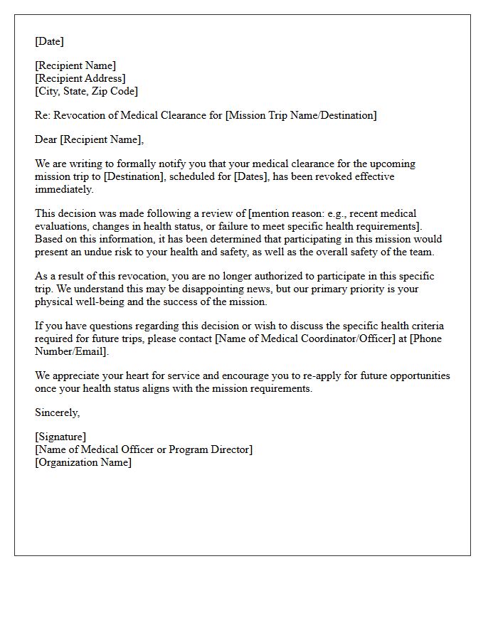 Mission Trip Medical Clearance Revocation Letter