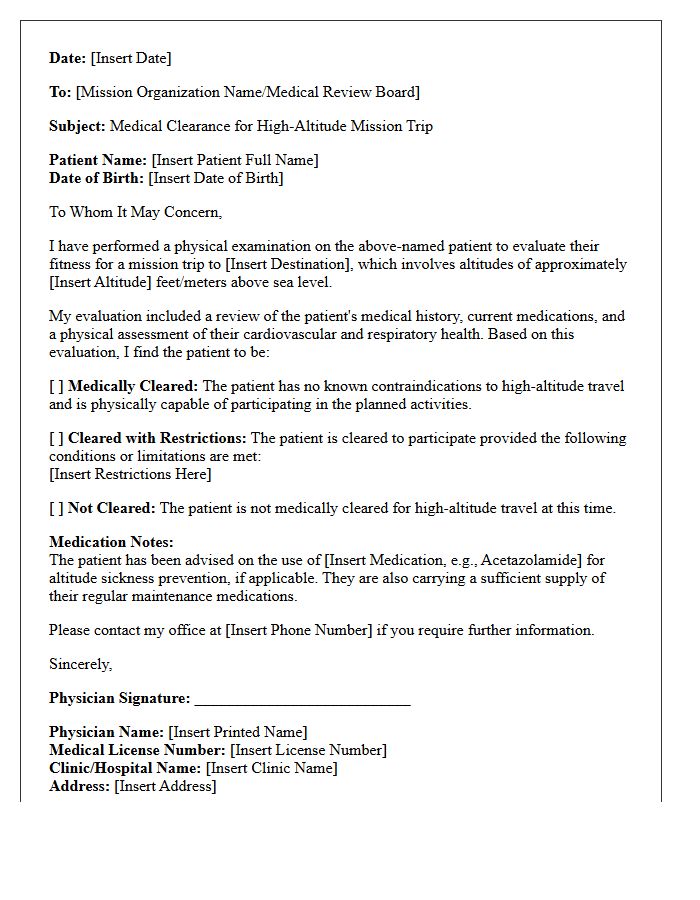 High-Altitude Mission Trip Medical Clearance Letter