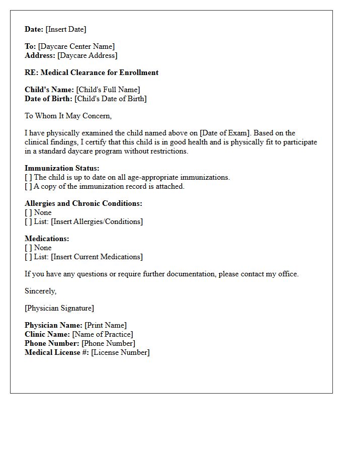 Standard Daycare Enrollment Medical Clearance Letter