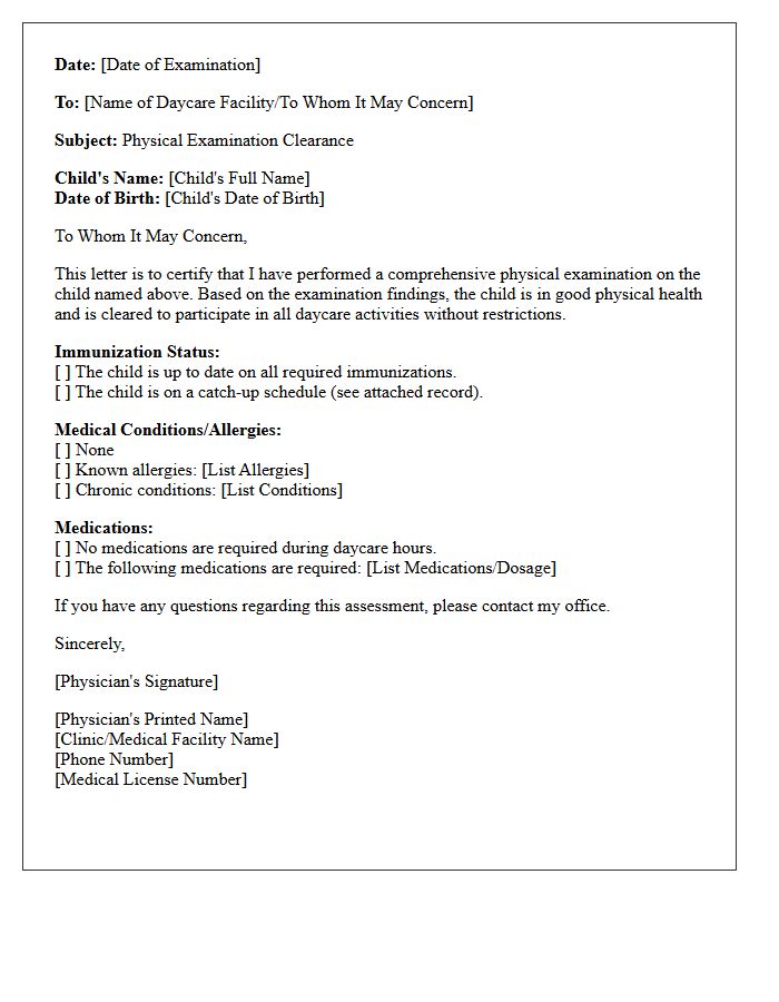 Daycare Physical Examination Clearance Letter