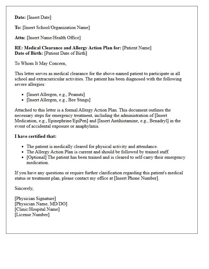 Allergy Action Plan Medical Clearance Letter