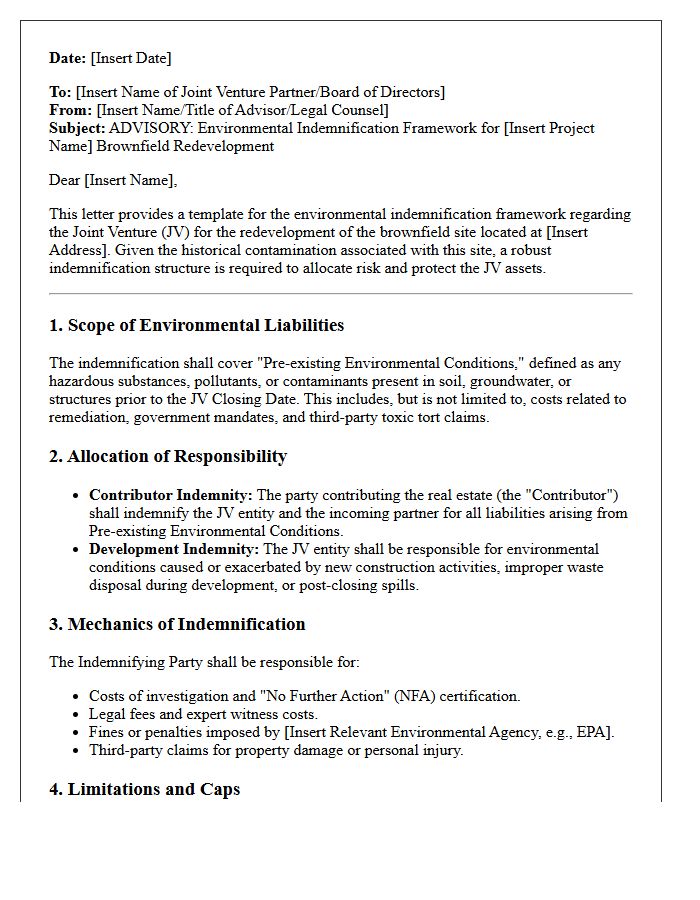 Joint Venture Redevelopment Brownfield Site Environmental Indemnification Advisory Letter