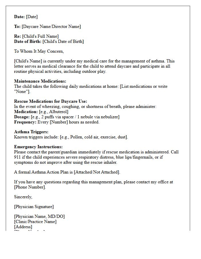 Asthma Management and Daycare Clearance Letter