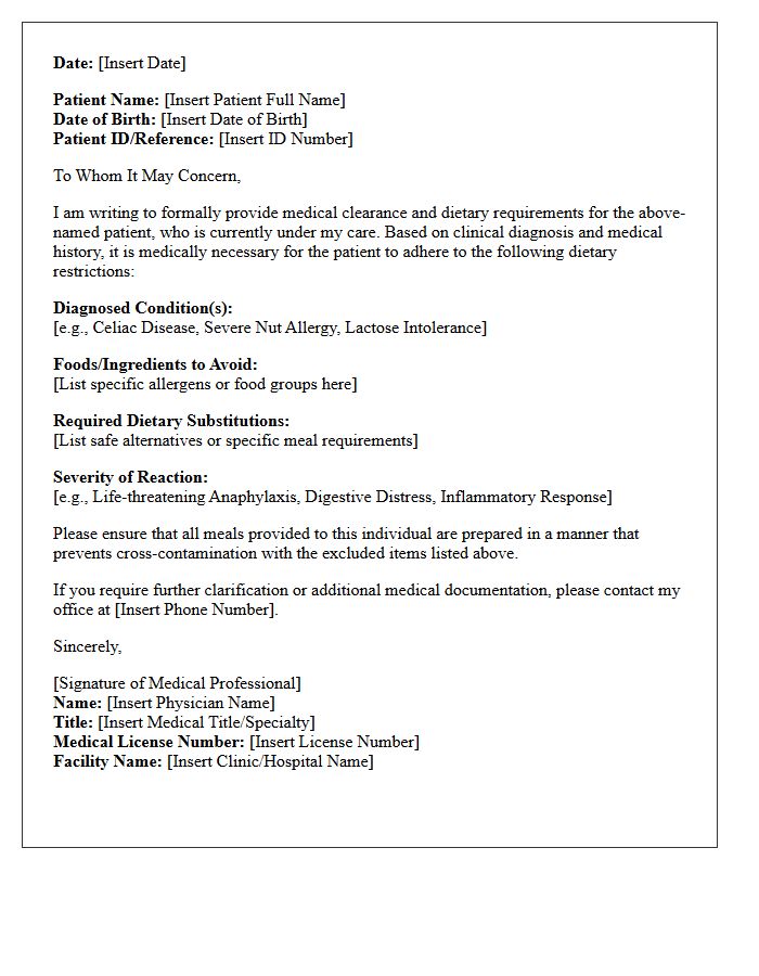 Special Dietary Needs Medical Clearance Letter