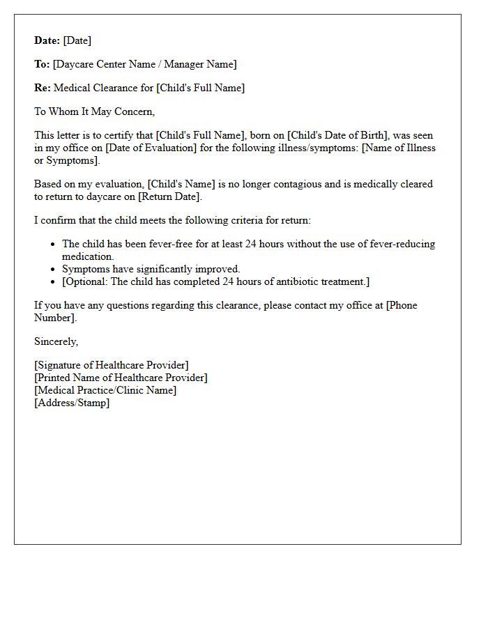 Return to Daycare Post-Illness Clearance Letter