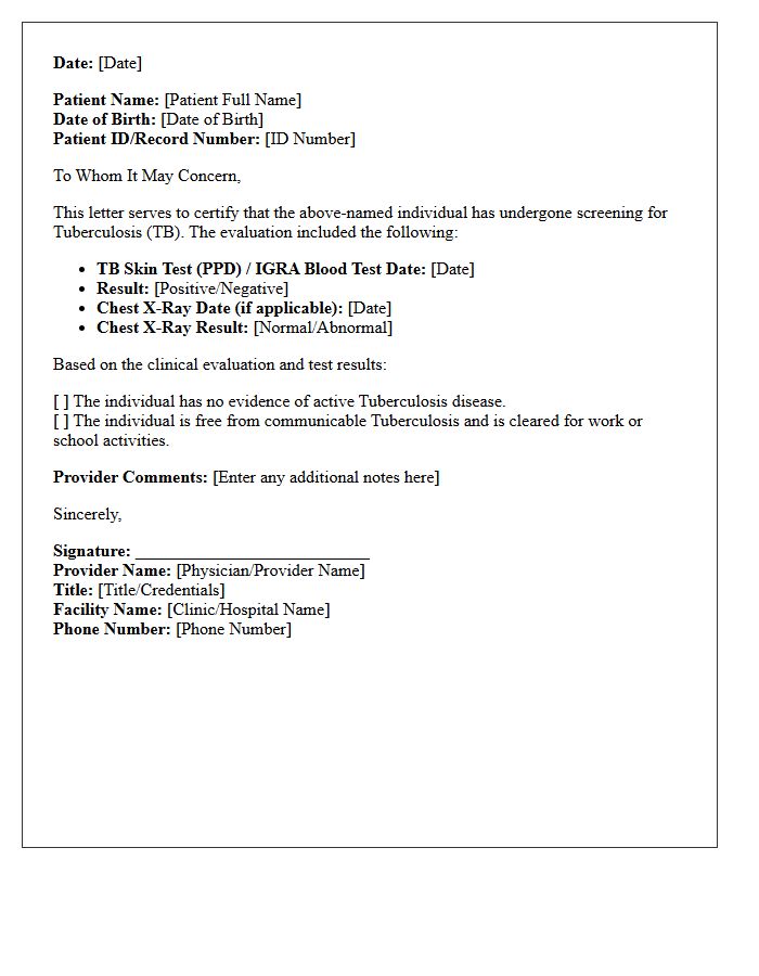 Tuberculosis Screening Medical Clearance Letter