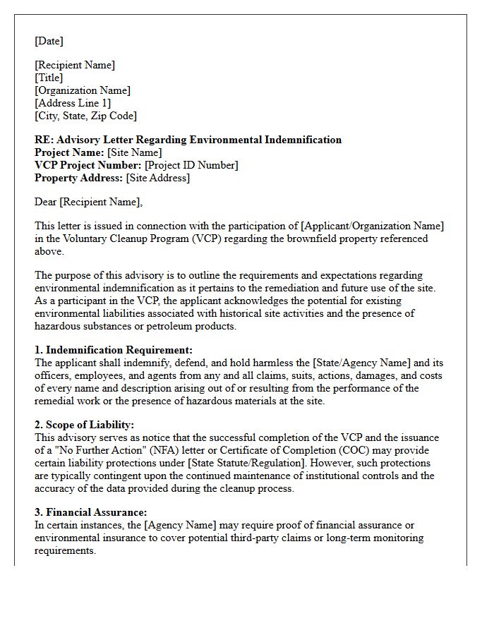 Voluntary Cleanup Program Brownfield Site Environmental Indemnification Advisory Letter