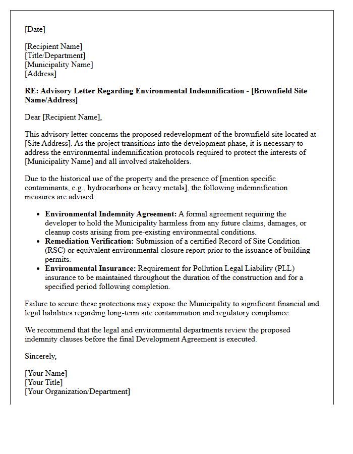 Municipal Development Brownfield Site Environmental Indemnification Advisory Letter