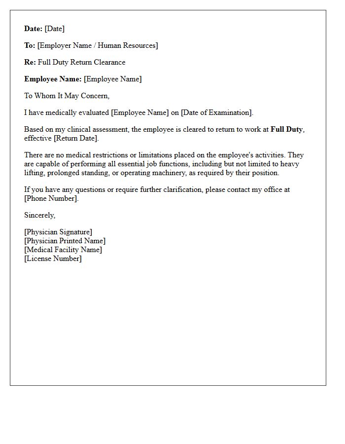 Full Duty Return Clearance Letter