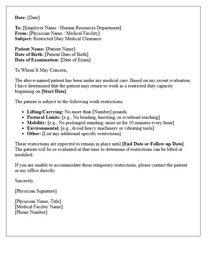 Restricted Duty Medical Clearance Letter