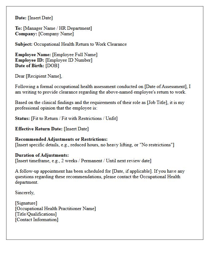 Occupational Health Return Clearance Letter