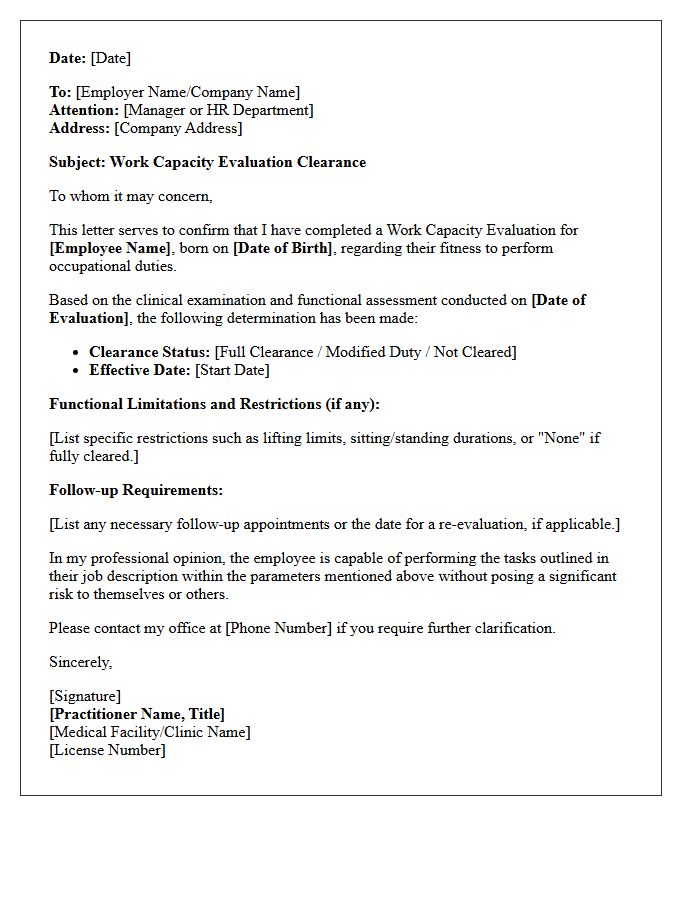 Work Capacity Evaluation Clearance Letter
