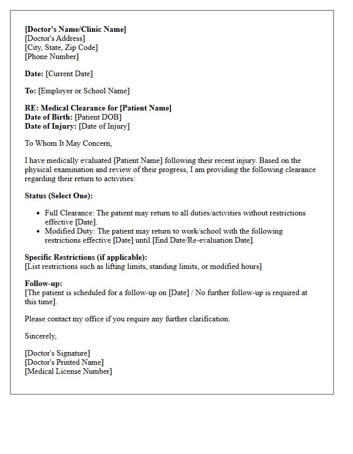 Post Injury Medical Clearance Letter