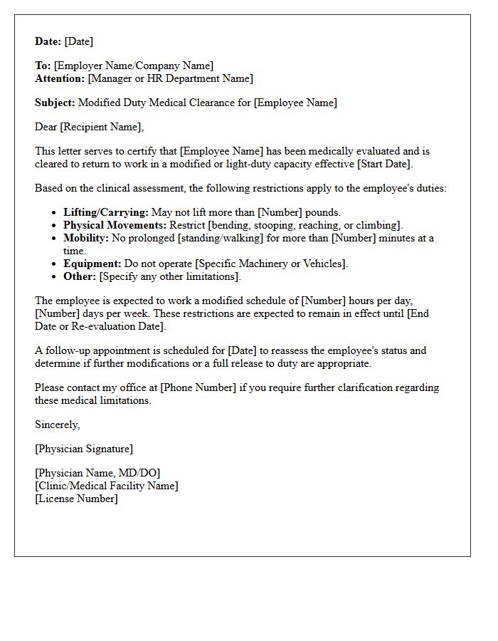 Modified Duty Medical Clearance Letter