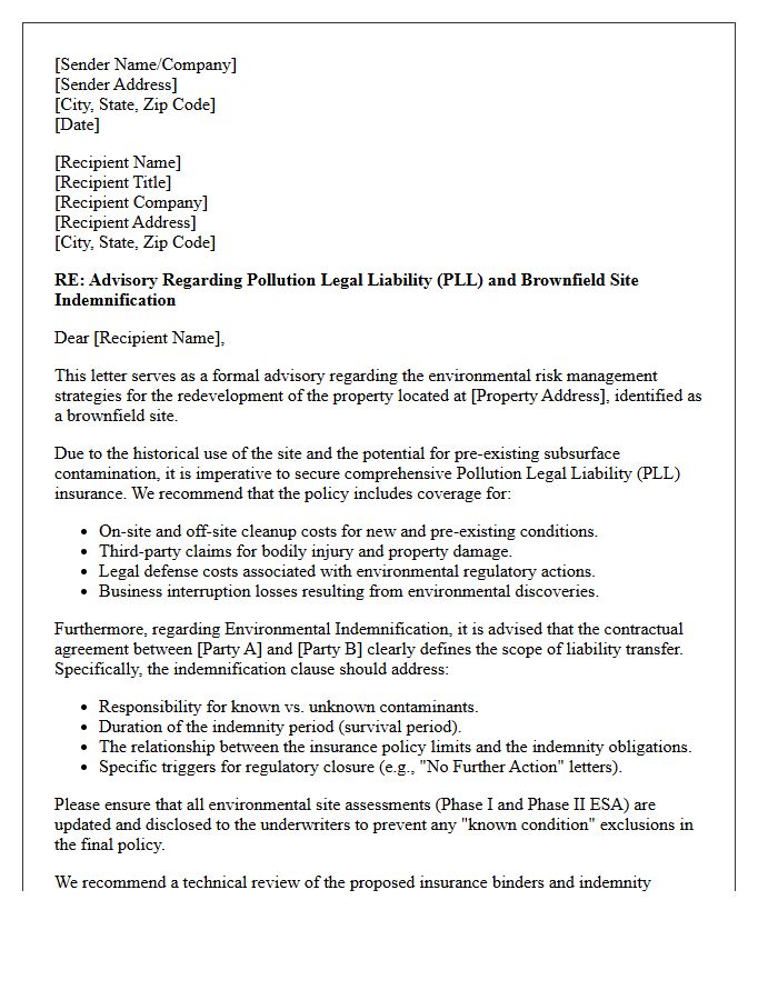 Pollution Policy And Brownfield Site Environmental Indemnification Advisory Letter