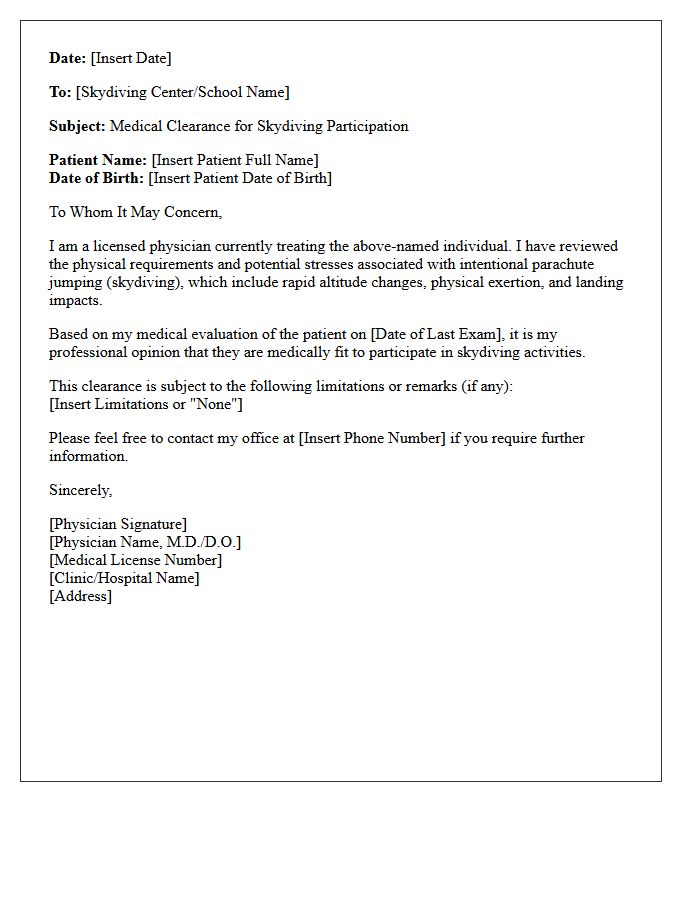 Skydiving Participation Medical Clearance Letter