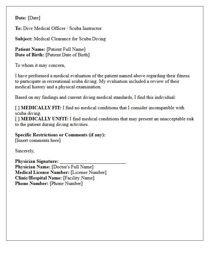 Scuba Diving Health Clearance Letter