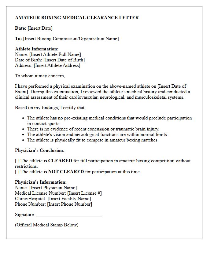 Amateur Boxing Medical Clearance Letter
