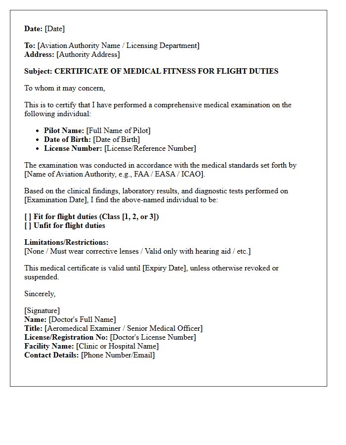 Aviation Pilot Medical Fitness Letter
